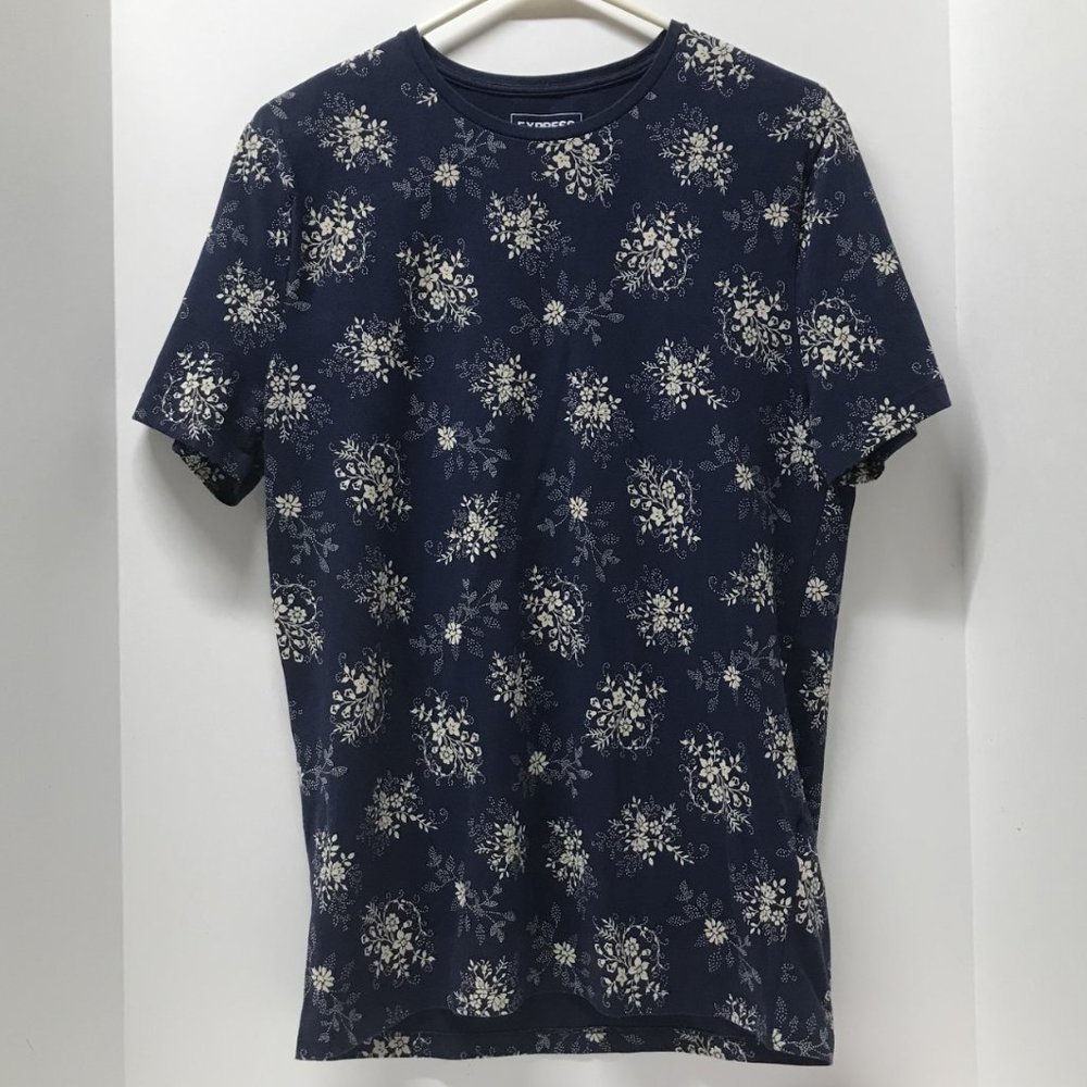 Express Navy Blue & White Floral Short Sleeve Stretch Tee